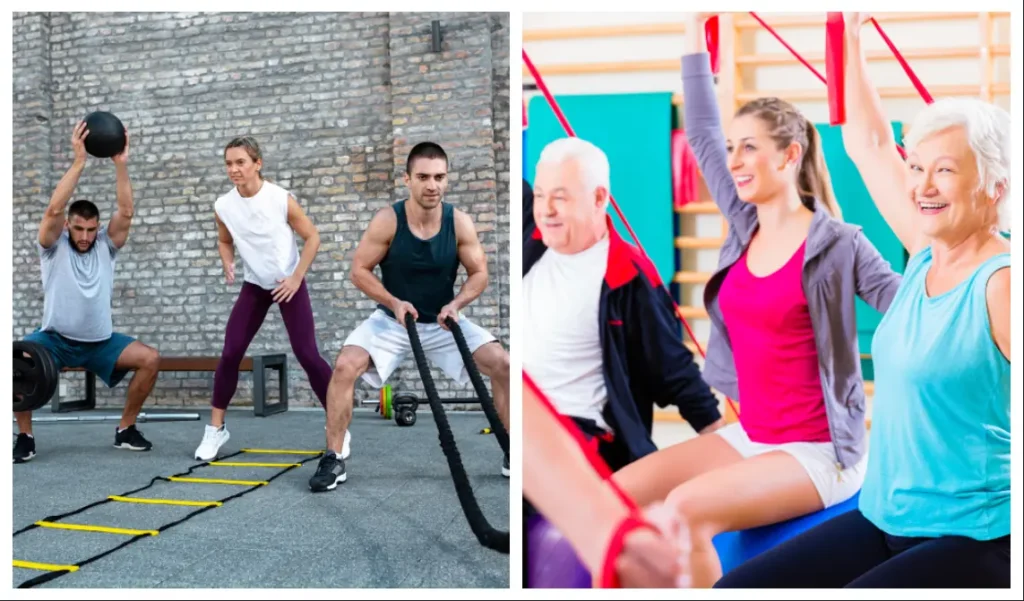 Photo collage with two side by side photos with multiple adults performing fitness exercises for physical health