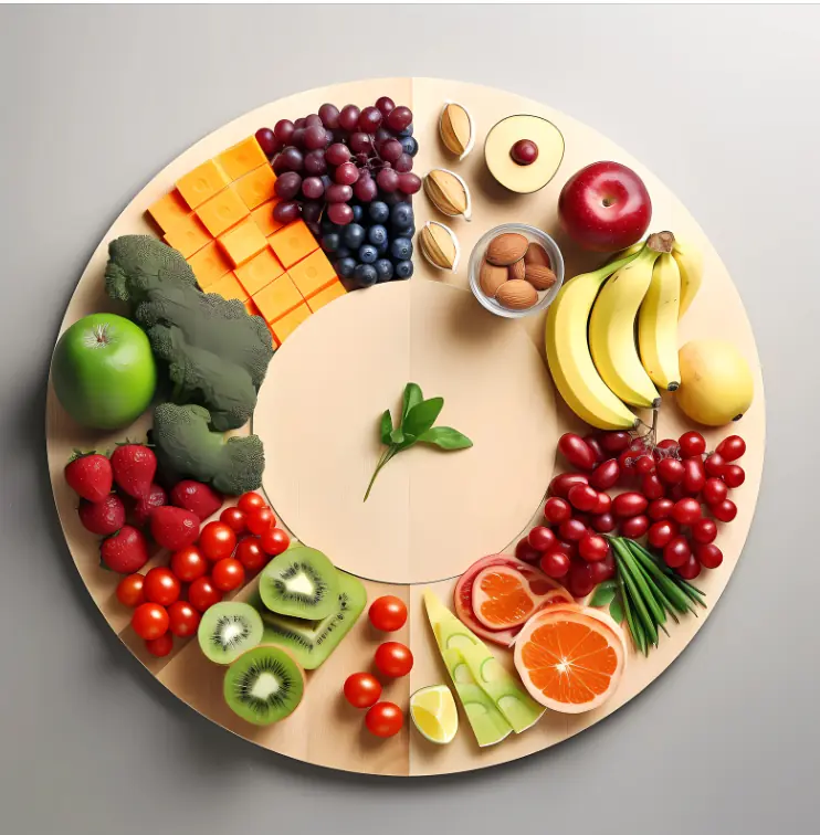 Healthy Snack suggestions with fruits and vegetables decorating a circular tray