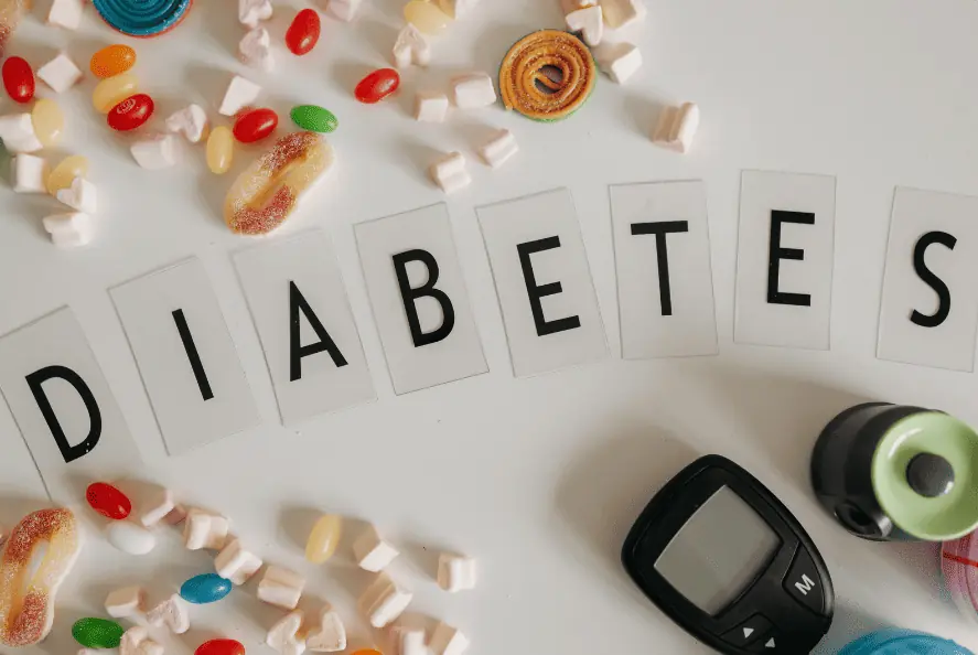 Image of the Word Diabetes Spelled with surrounding candy and glucometer